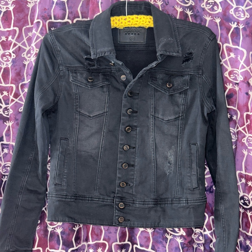 Blank NYC Black Denim Jacket with Distressed Details